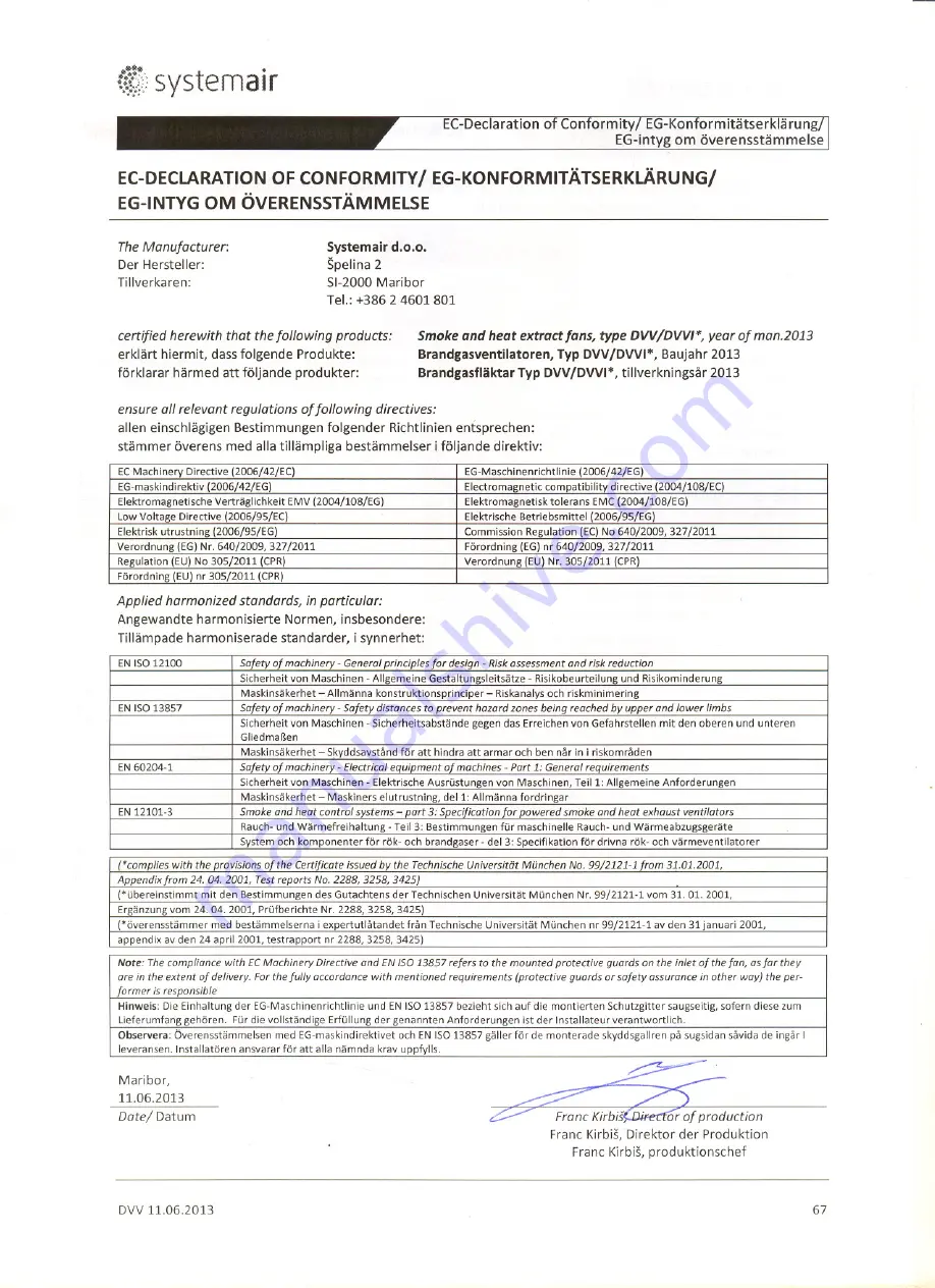 SystemAir DVV Series Installation And Operating Instructions Manual Download Page 67