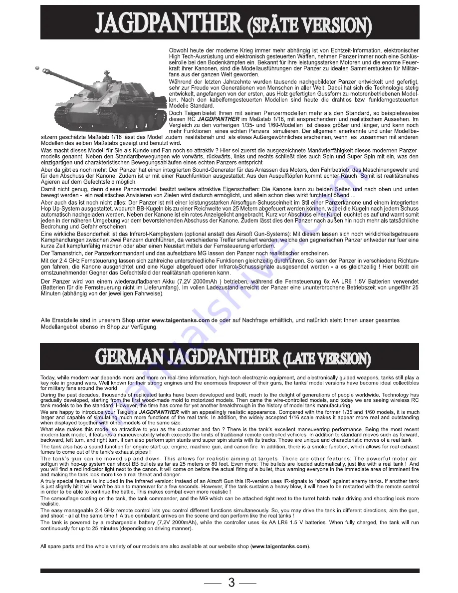 Taigen Tanks Jagdpanther 13020 Instruction Manual Download Page 3