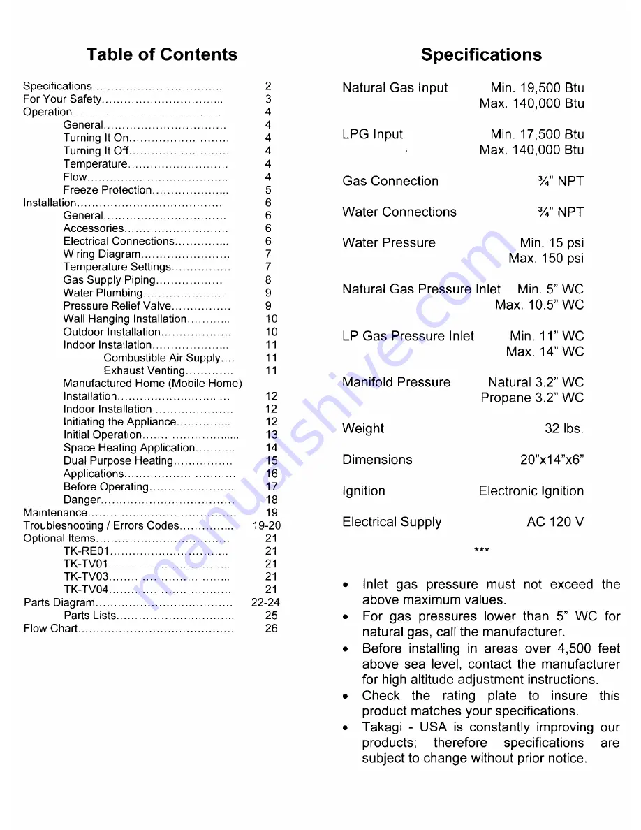 Takagi T-KJr Installation Manual & Owner'S Manual Download Page 2