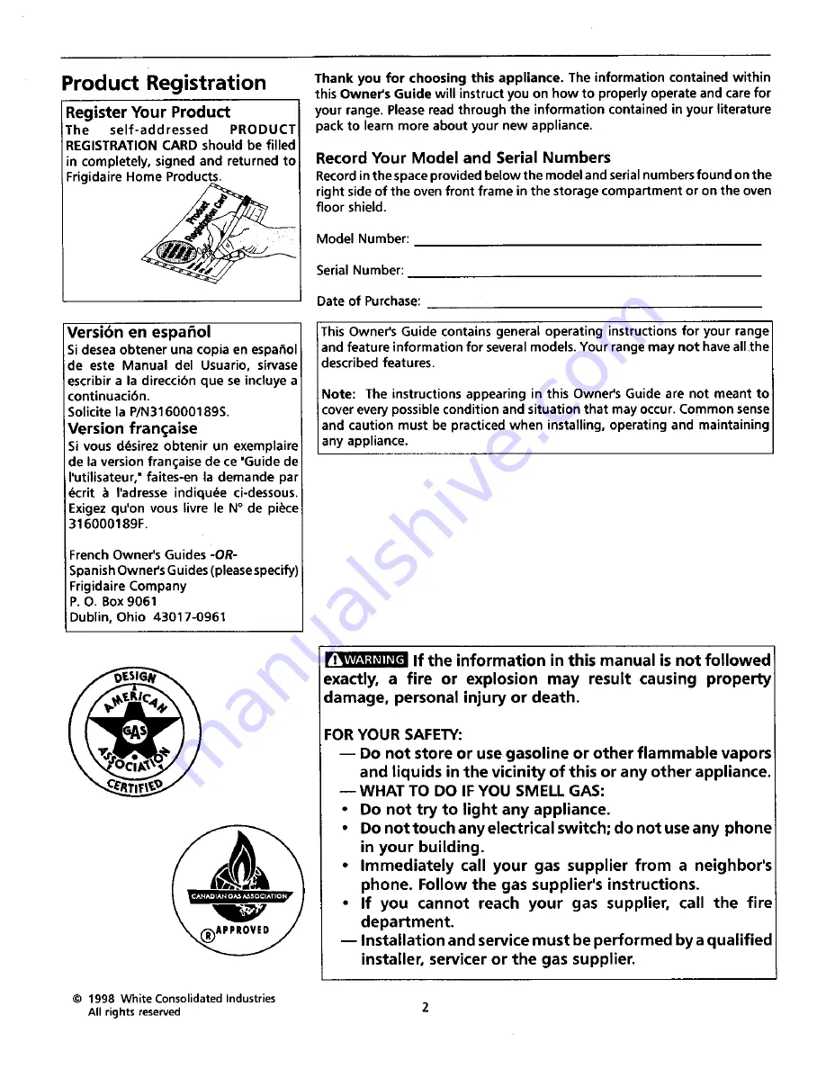 Tappan TGF326WGTG Owner'S Manual Download Page 2