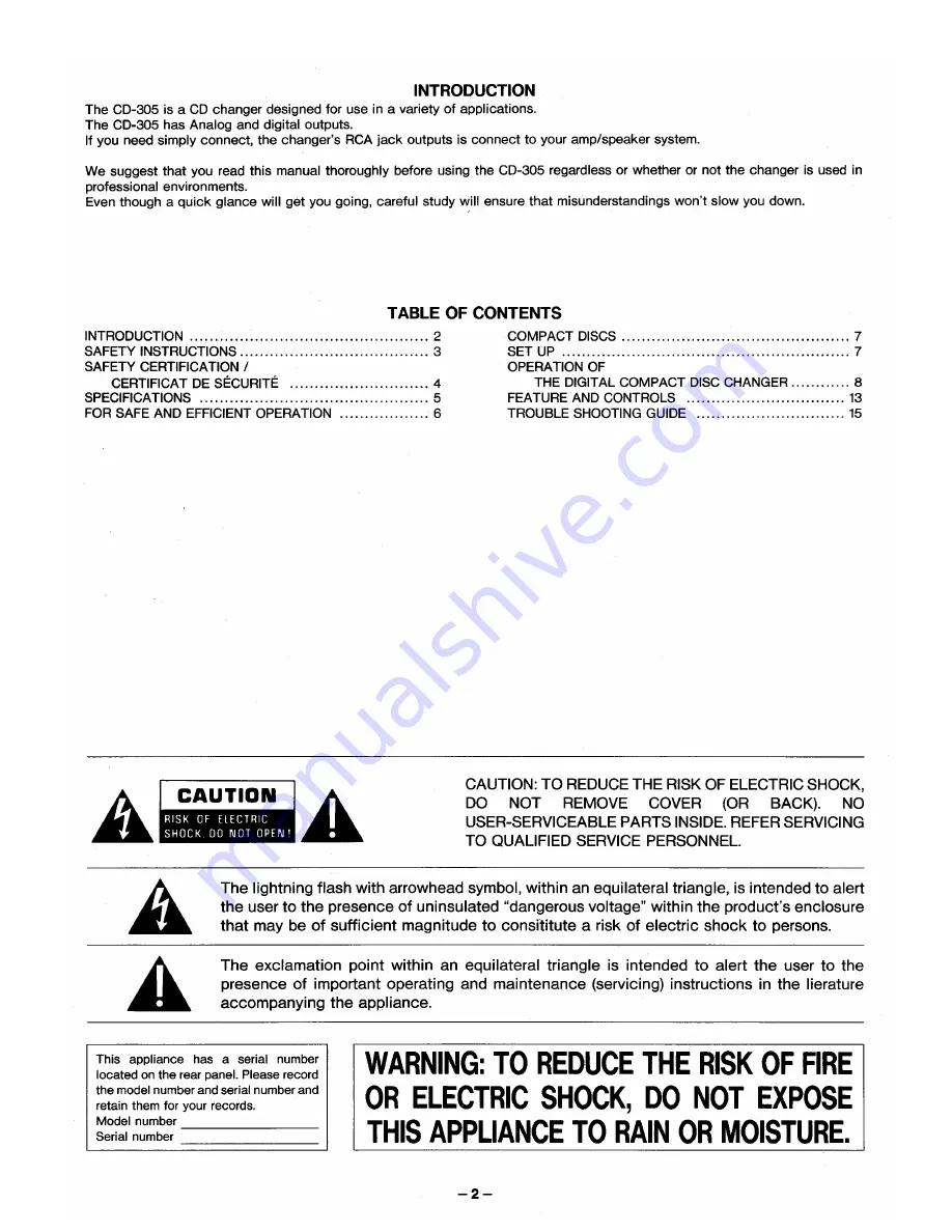 Tascam CD-305 Owner'S Manual Download Page 2