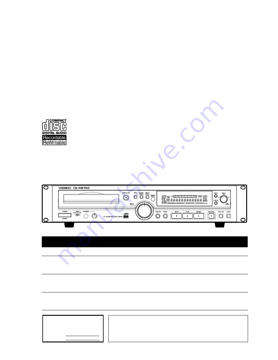 Tascam CD-RW700 Owner'S Manual Download Page 1