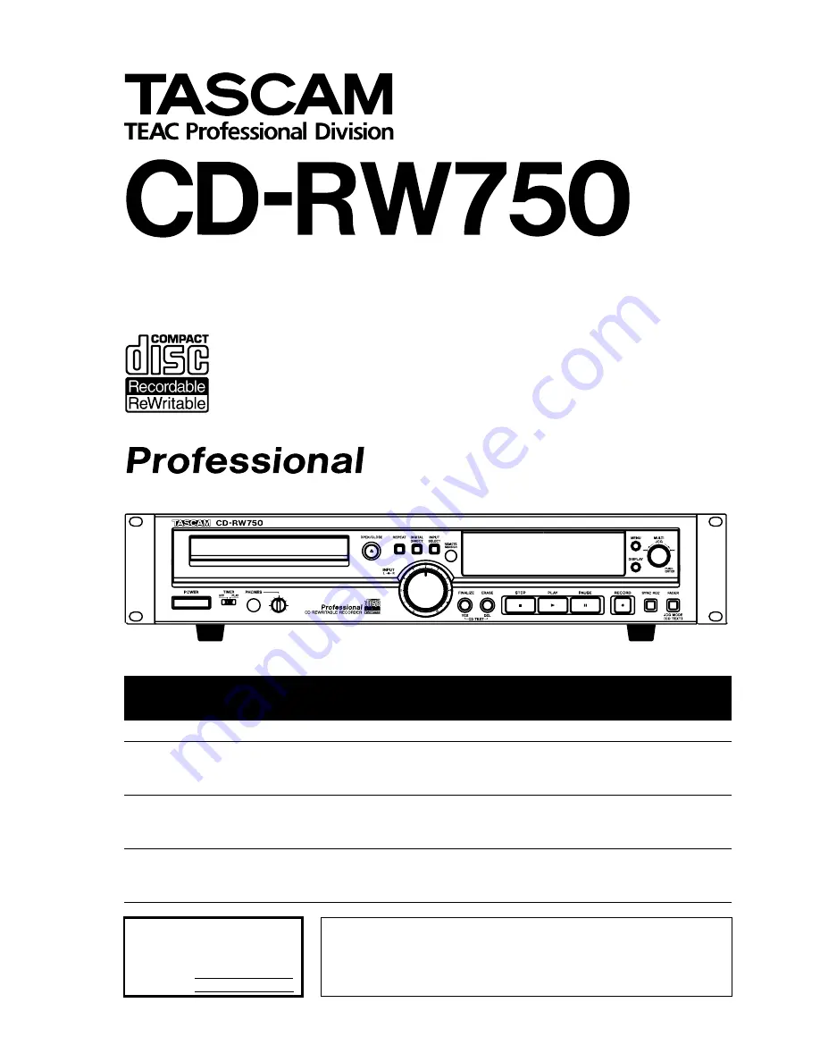 Tascam CD-RW750 Owner'S Manual Download Page 1