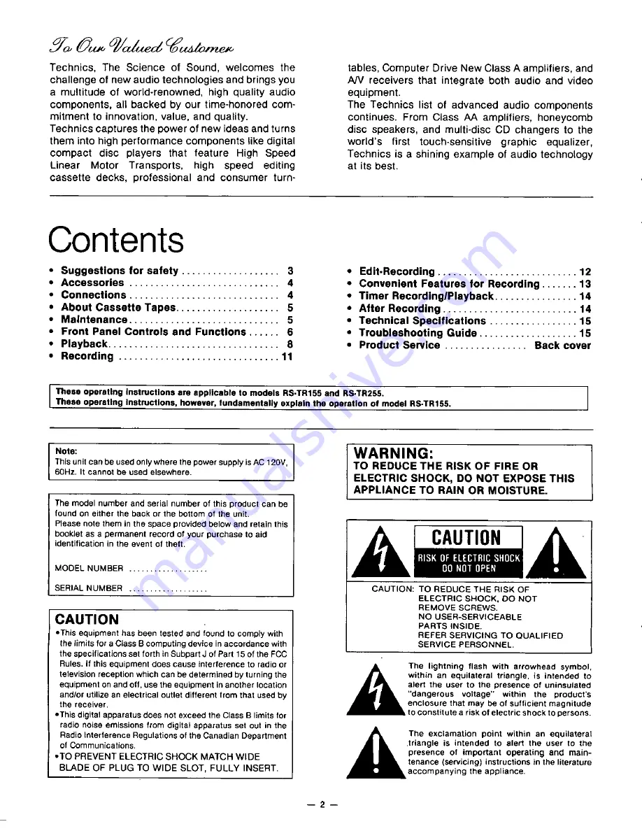 Technics RSTR155 - DUAL CASS RECORDER Operating Instructions Manual Download Page 2