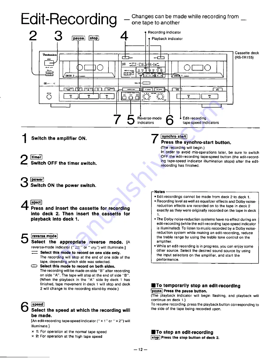 Technics RSTR155 - DUAL CASS RECORDER Скачать руководство пользователя страница 12