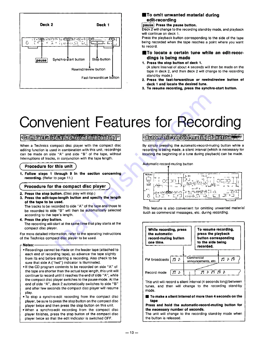 Technics RSTR155 - DUAL CASS RECORDER Operating Instructions Manual Download Page 13