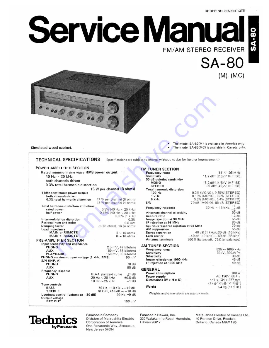 Technics SA-80 Скачать руководство пользователя страница 1