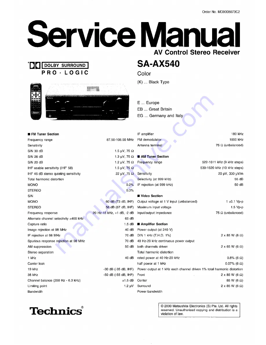 Technics SA-AX540 Service Manual Download Page 1