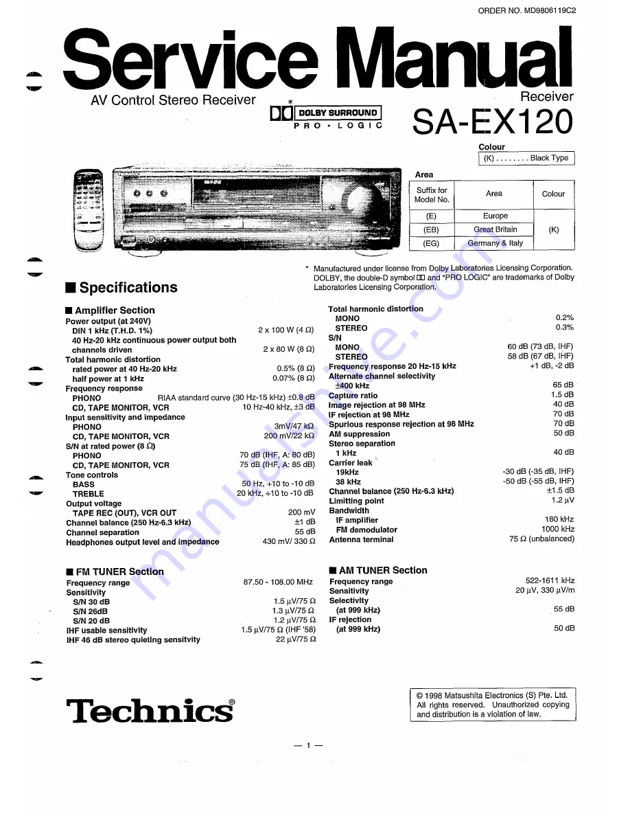 Technics SA-EX120 Service Manual Download Page 1