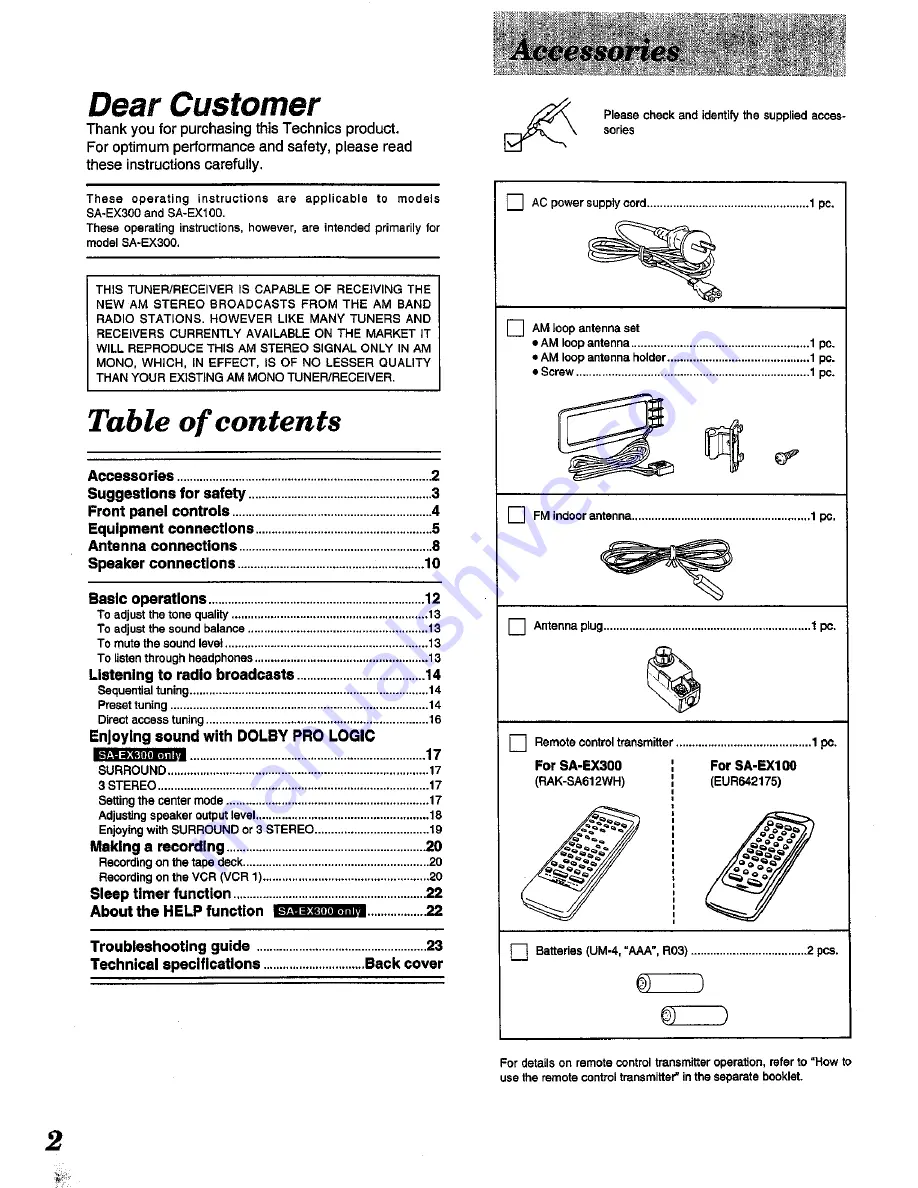 Technics SA-EX300 Operating Instructions Manual Download Page 2