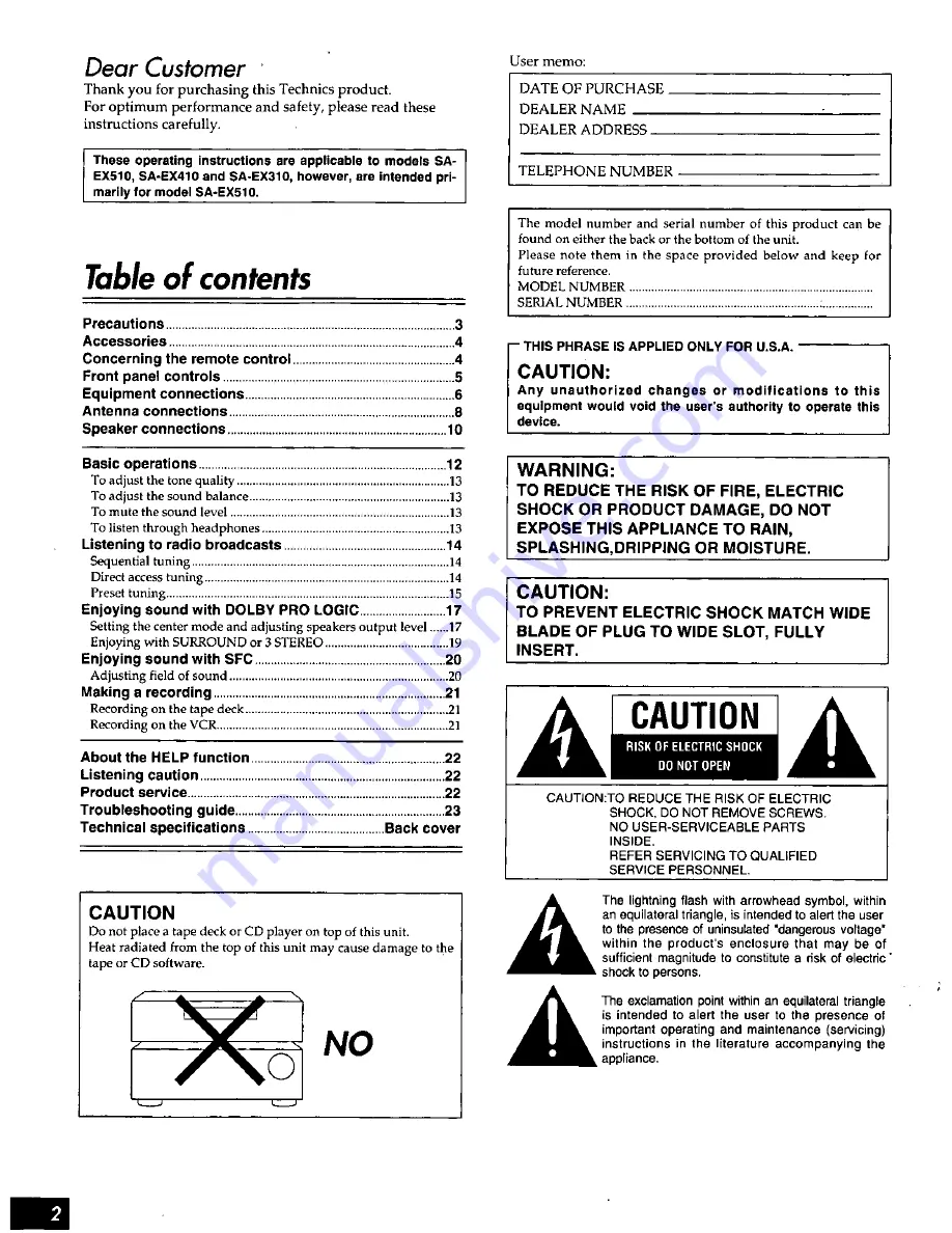 Technics SA-EX510; SA-EX410; SA-EX310 Operating Instructions Manual Download Page 2