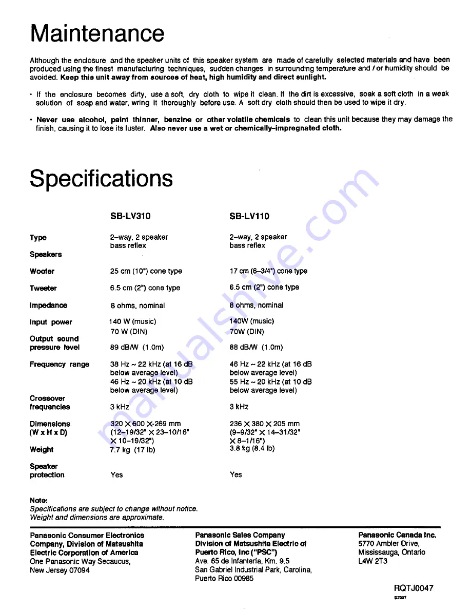 Technics SB-LV310 Operating Instructions Manual Download Page 4