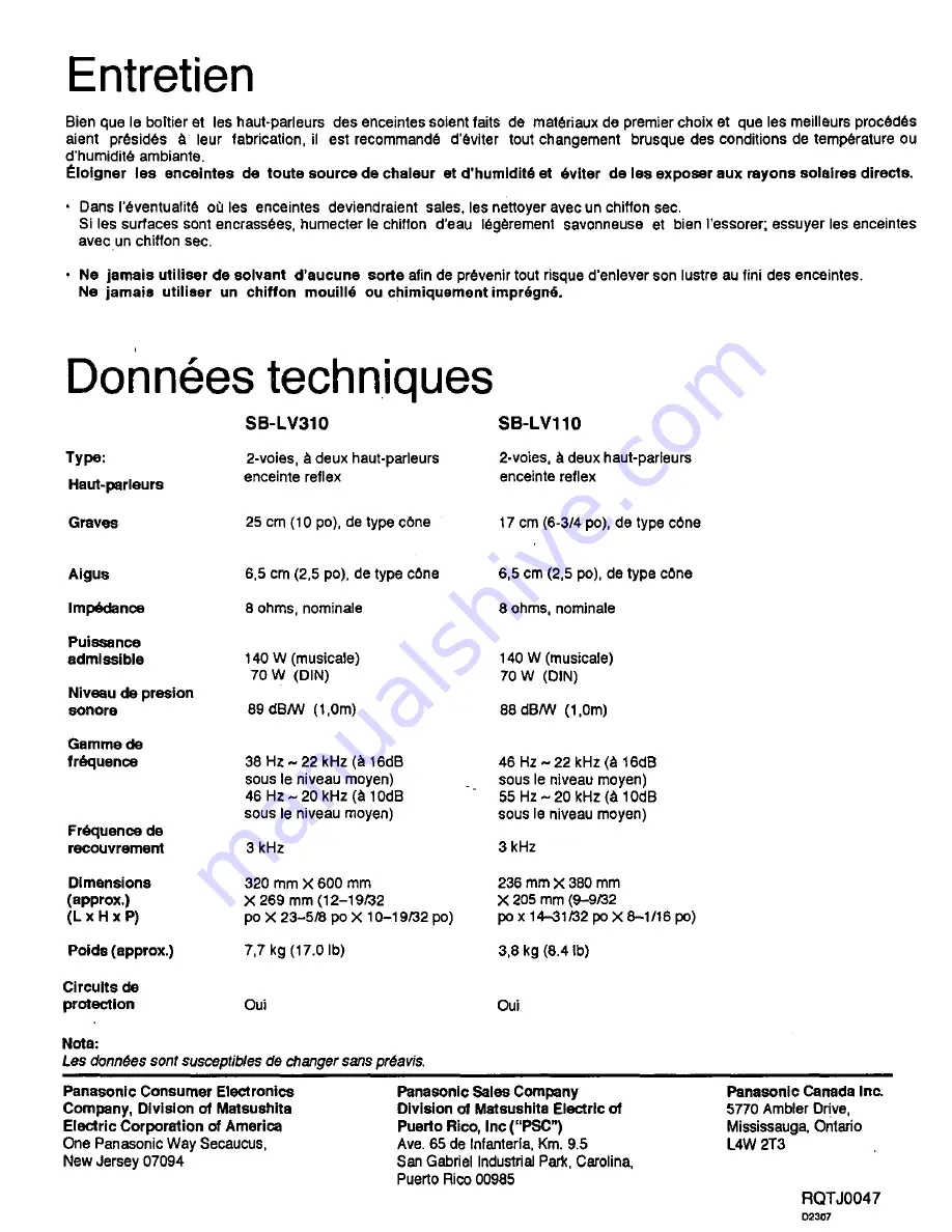 Technics SB-LV310 Operating Instructions Manual Download Page 8