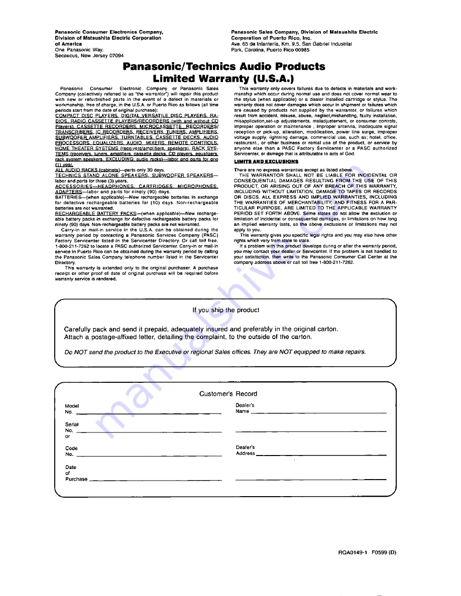 Technics SB-TA410 Operating Instructions Manual Download Page 5