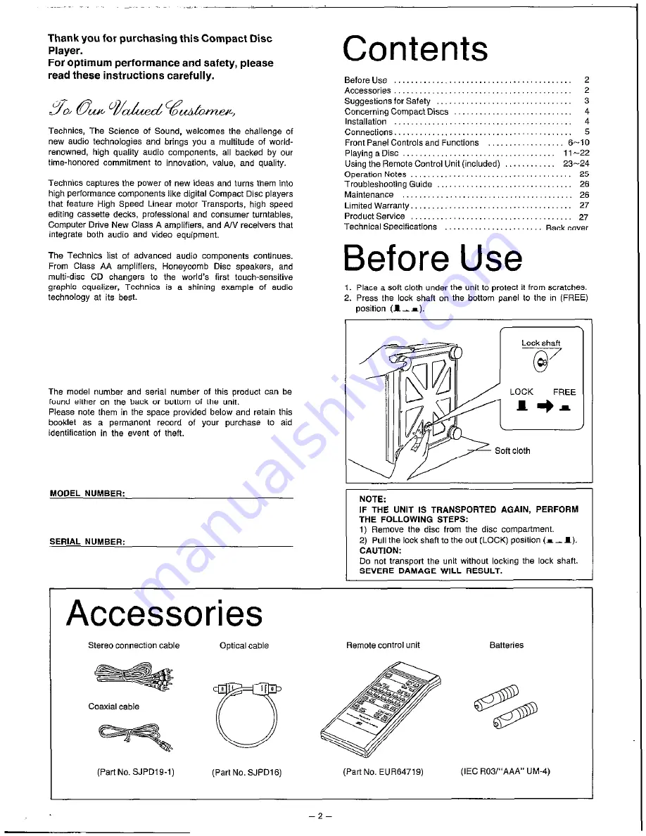 Technics SL-P1300 Operating Instructions Manual Download Page 2