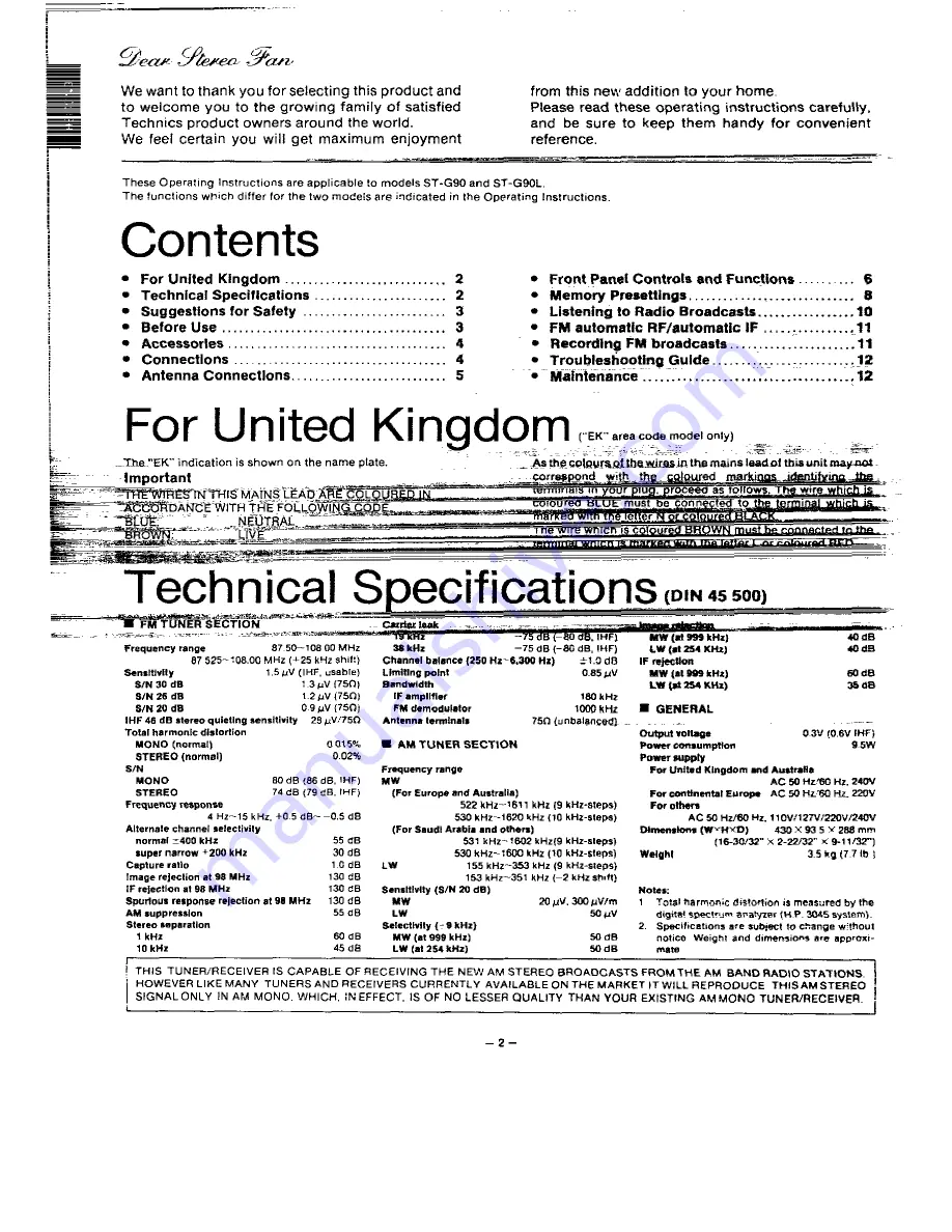 Technics ST-G90 Operating Instructions Manual Download Page 2