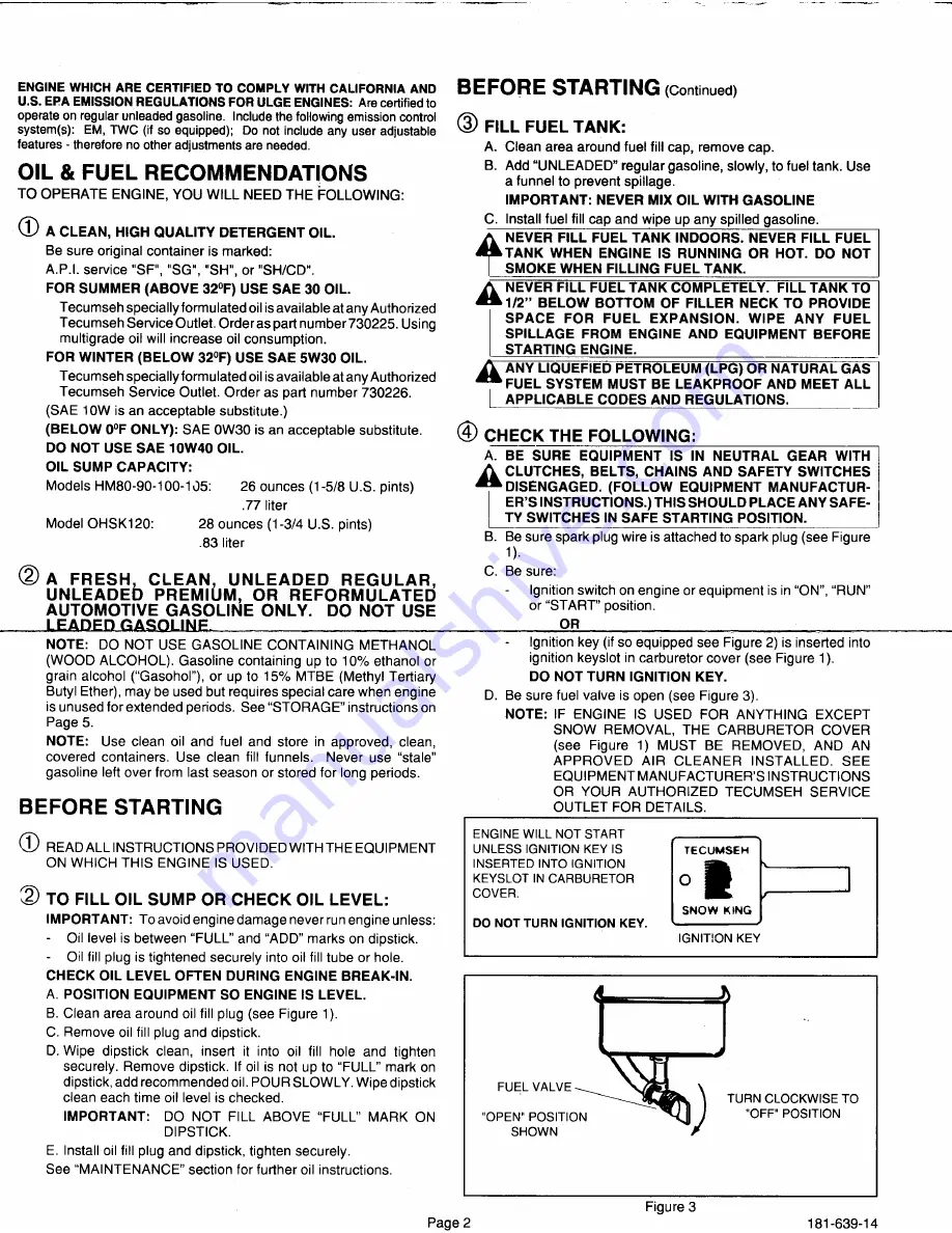 Tecumseh HMSK100 Operator'S Manual Download Page 2