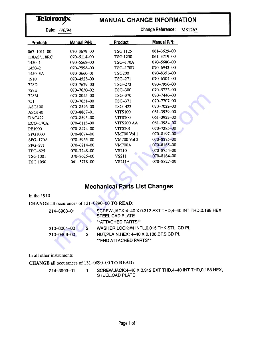 Tektronix SPG 1000 Instruction Manual Download Page 279