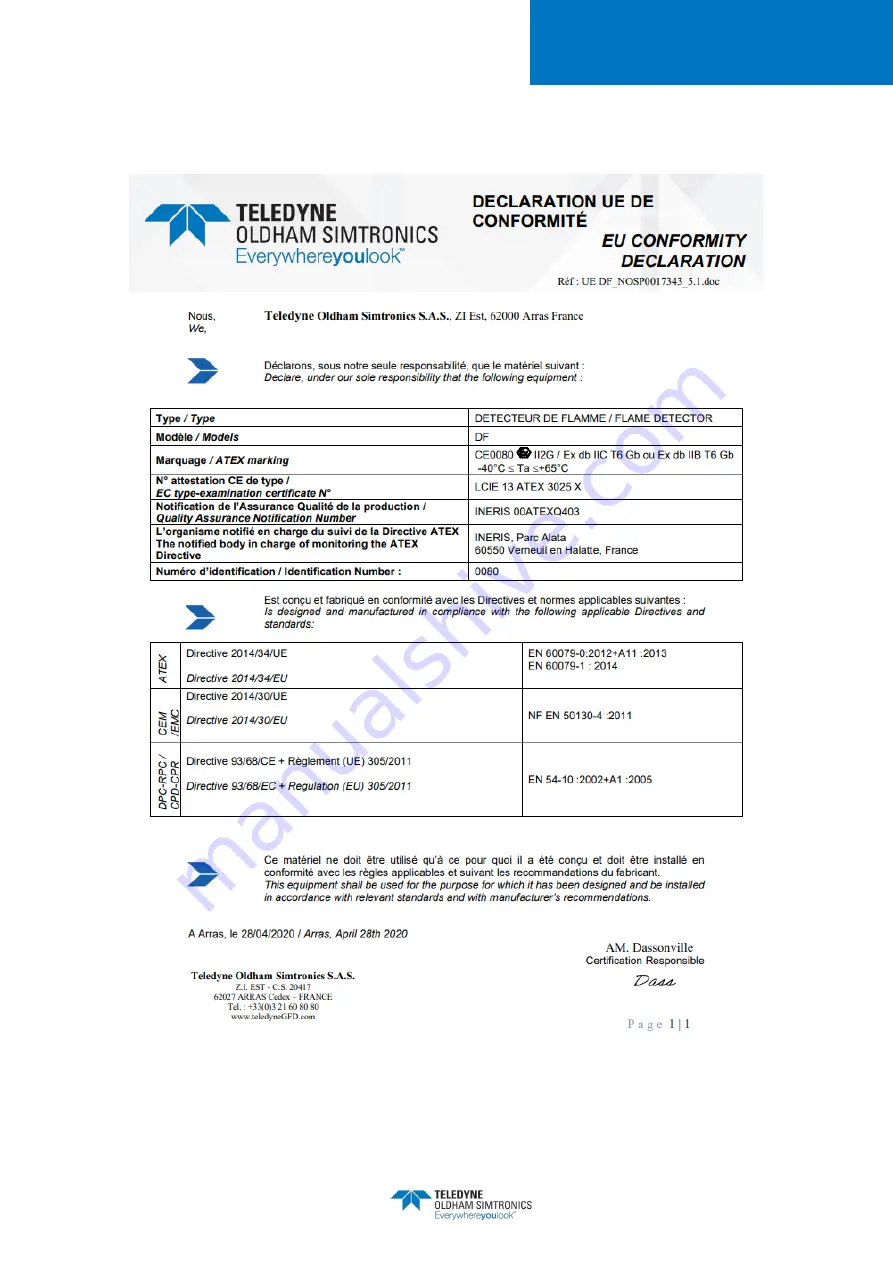 TELEDYNE OLDHAM SIMTRONICS Everywhereyoulook MultiFlame DF-TV7 Скачать руководство пользователя страница 60