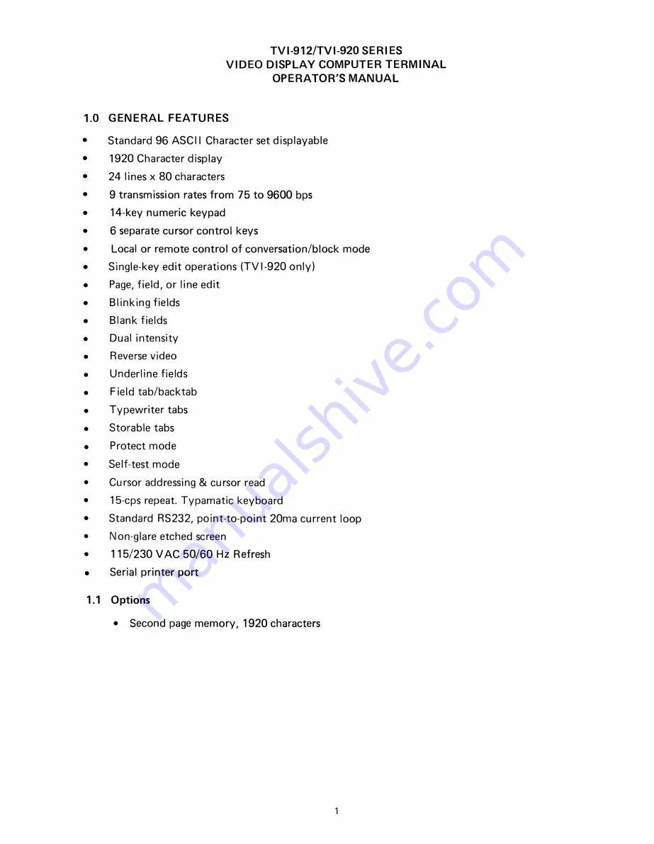 TeleVideo TVI-9128 Operators Reference Handbook Download Page 5