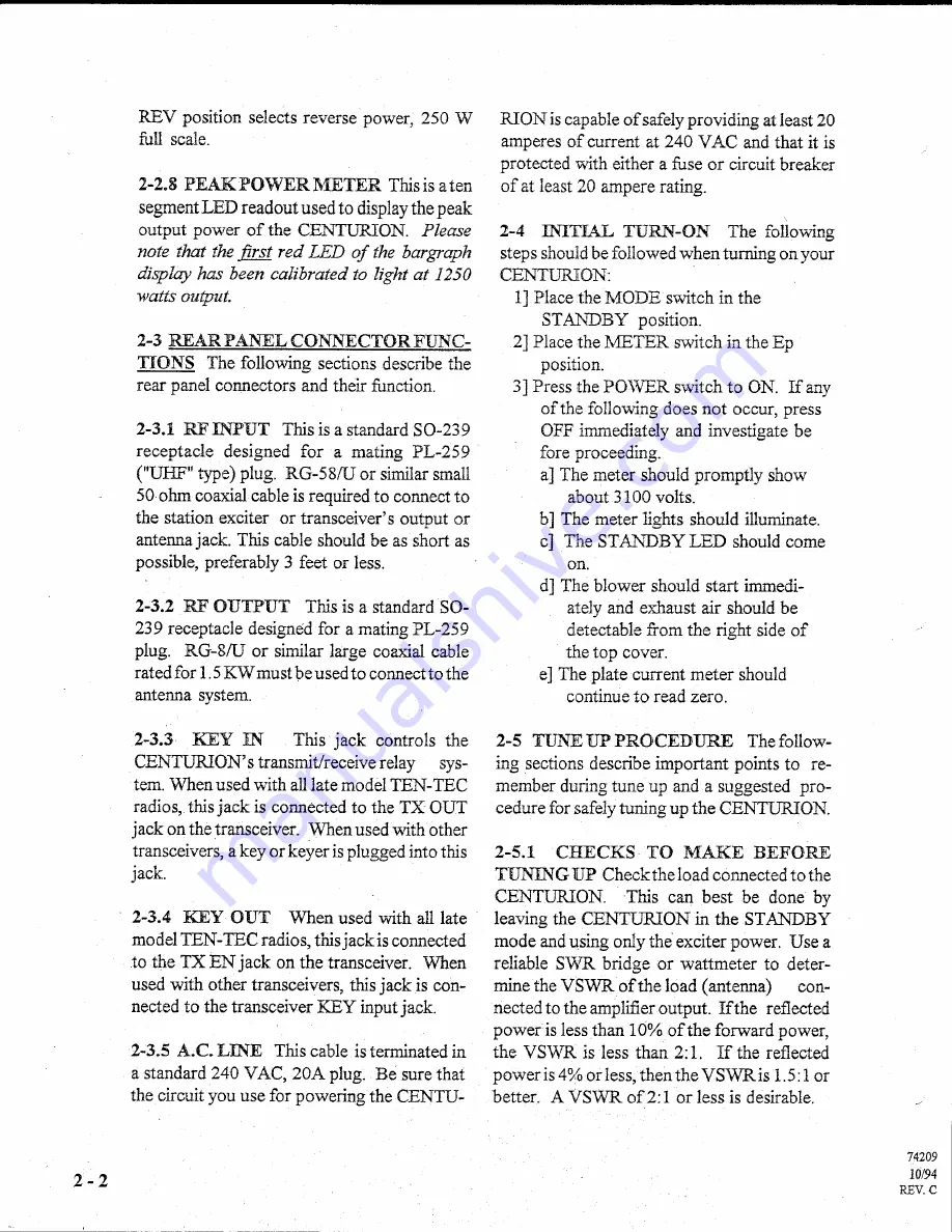 Ten-Tec Centurion 422 Operator'S Manual Download Page 20