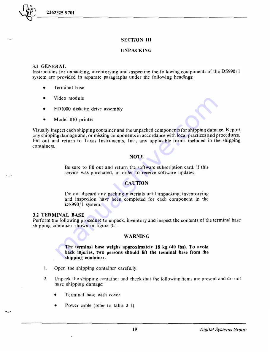 Texas Instruments DS990/1 Site Preparation And Installation Manual Download Page 23