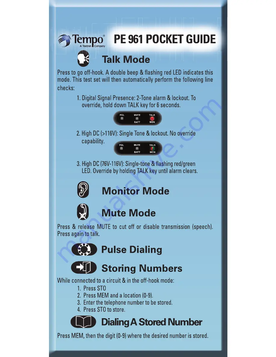 Textron Tempo PE961 Pocket Manual Download Page 1