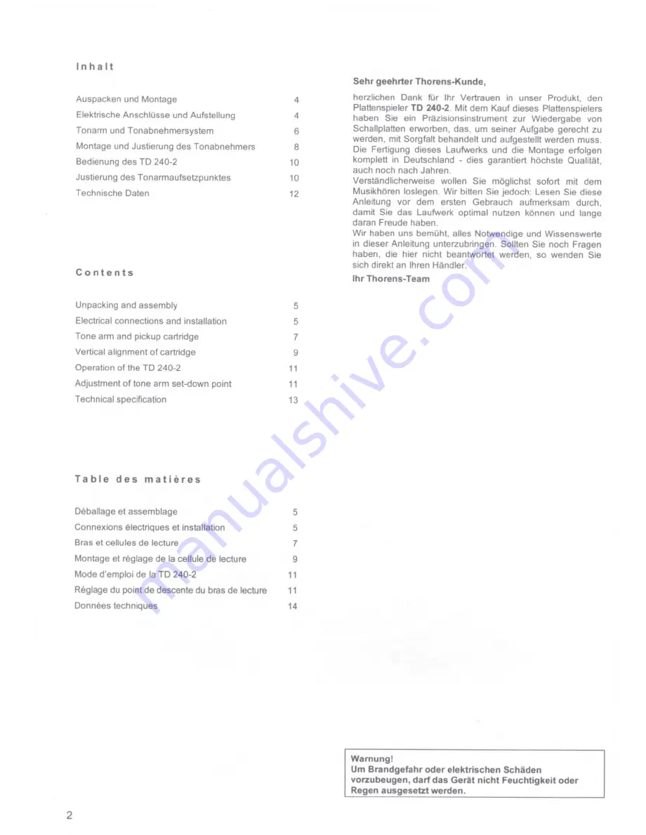 THORENS TD 240-2 Operating Instructions Manual Download Page 3