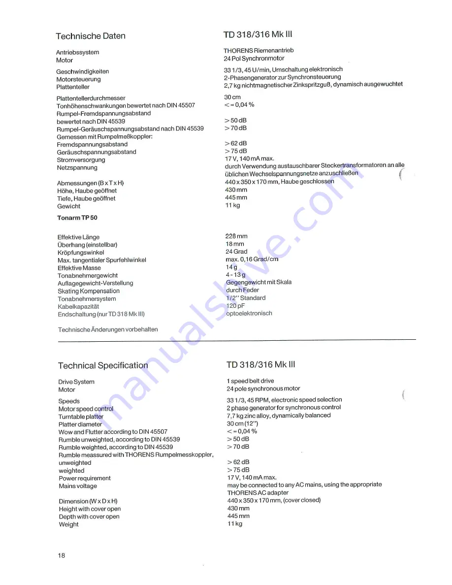 THORENS TD 316 MK III Instruction Manual Download Page 18