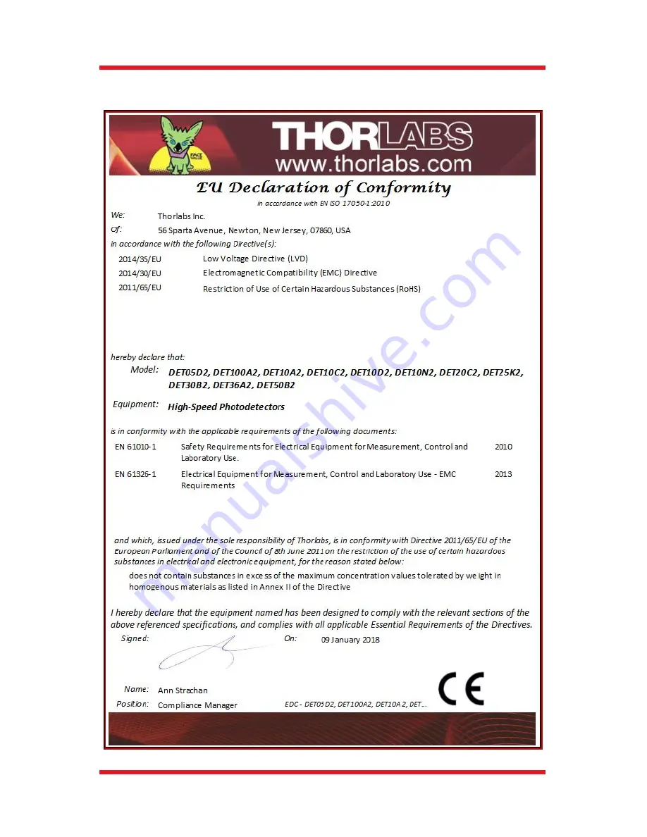 THORLABS DET10D2 User Manual Download Page 17