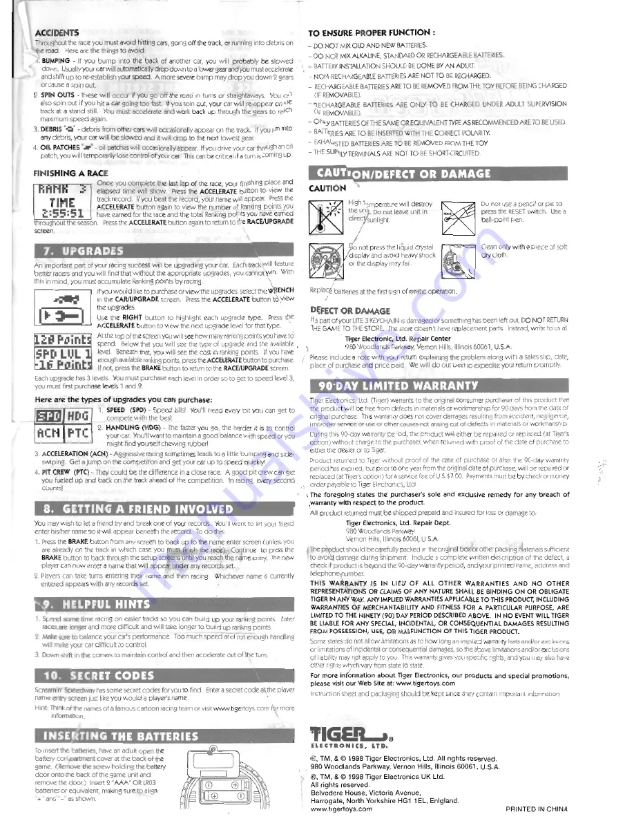 Tiger Electronics Screamin' Speedway 67-032 Instruction Download Page 2