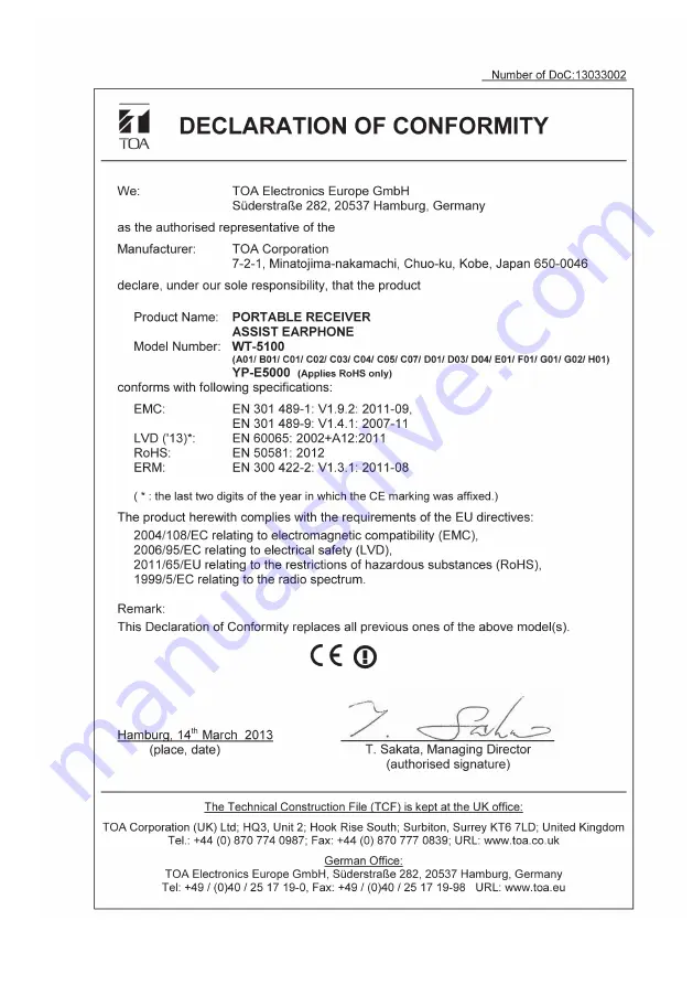 Toa WT-5100 Operating Instructions Manual Download Page 37