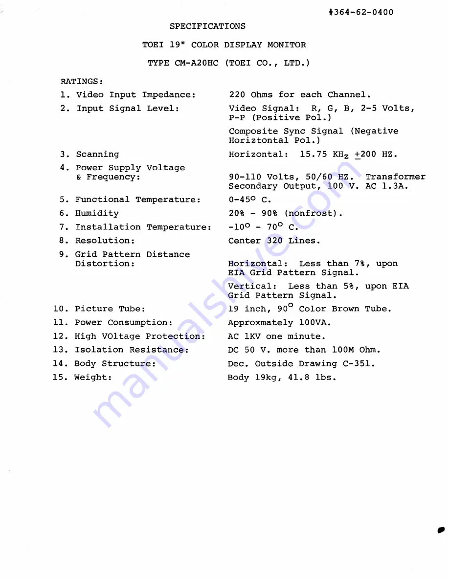 Toei CM-A20HC Specifications Download Page 1