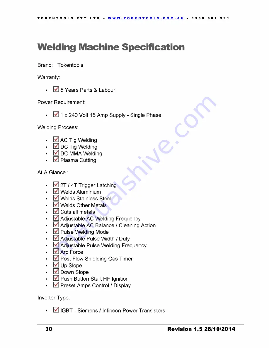 Tokentools Alusync 200 ACDC IGBT GTAW Instruction Manual Download Page 31