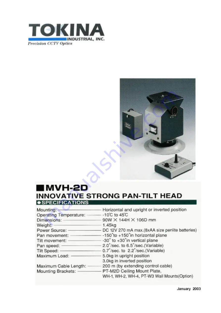 Tokina Innovative Strong Pan-Tilt Head MVH-2D Specification Sheet Download Page 1