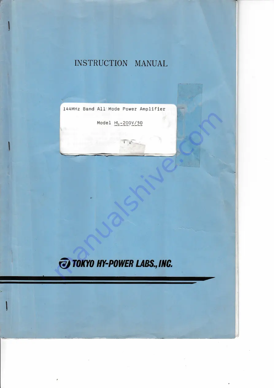 Tokyo Hy-Power HL-200V/50 Instruction Manual Download Page 1