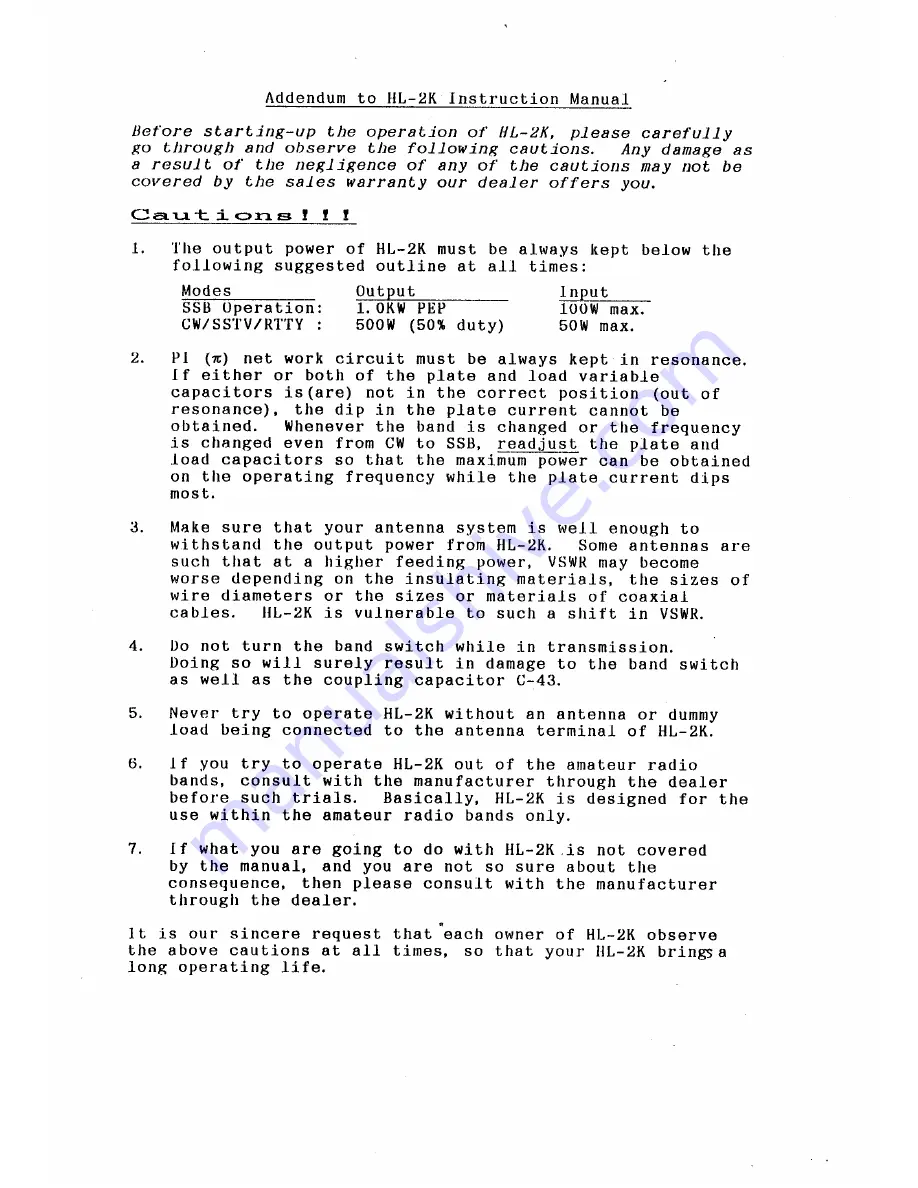 Tokyo Hy-Power HL-2K Instruction Manual Download Page 21