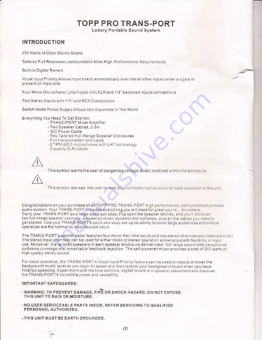 Topp Music Gear TRANS-PORT Operation Instructions Manual Download Page 2