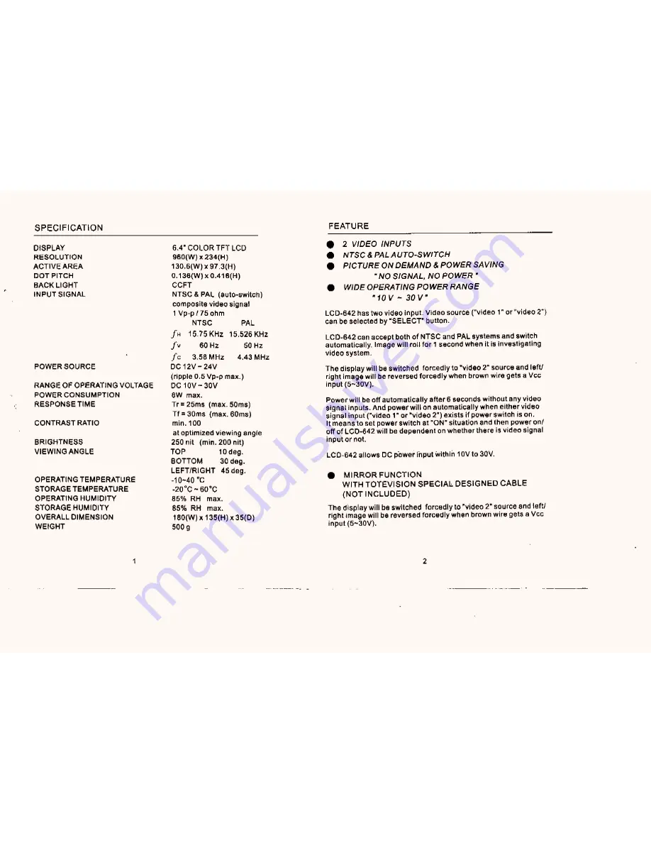 Totevision LCD-642 Specifications Download Page 1