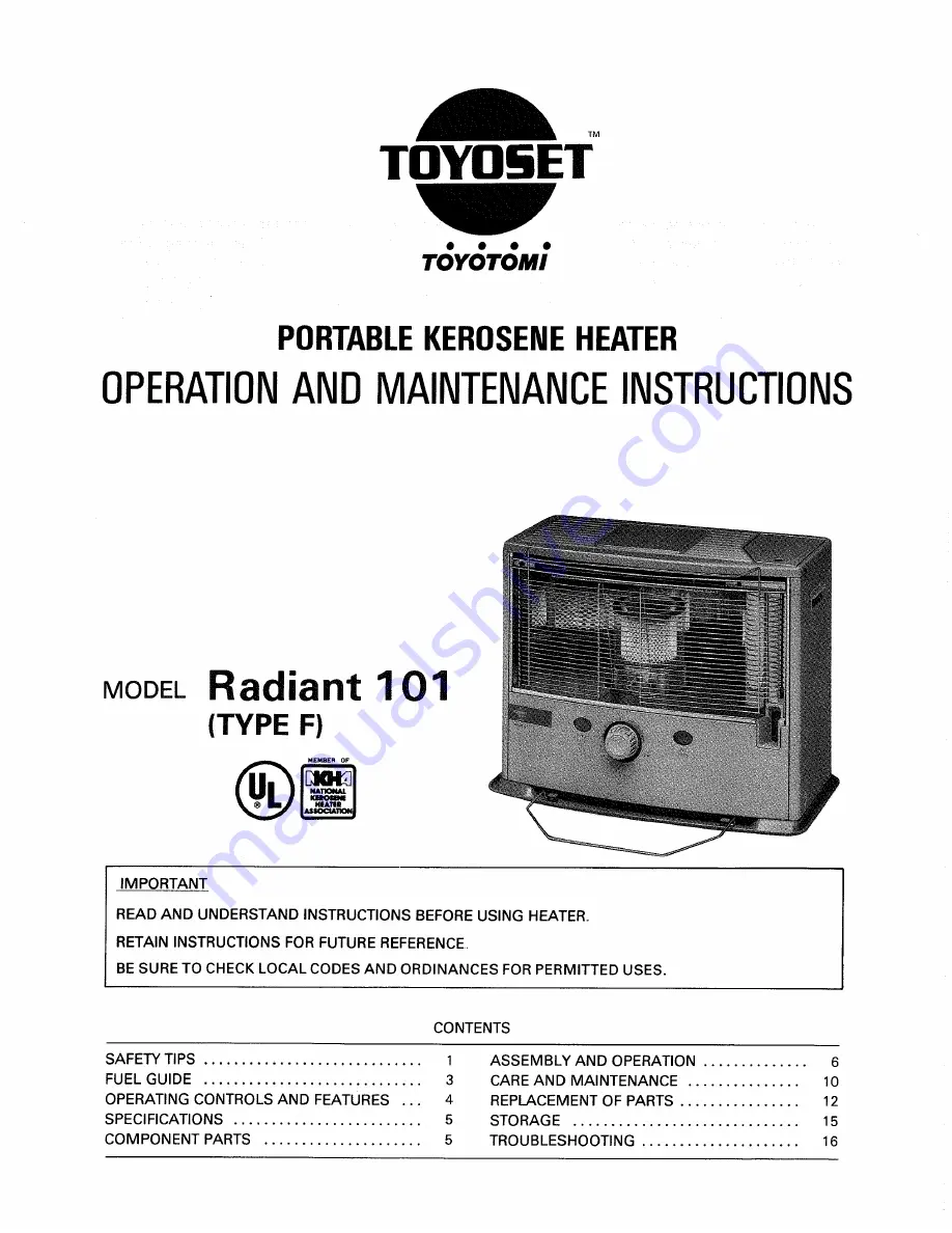 Toyotomi Radiant 101 Type A User Manual Download Page 1