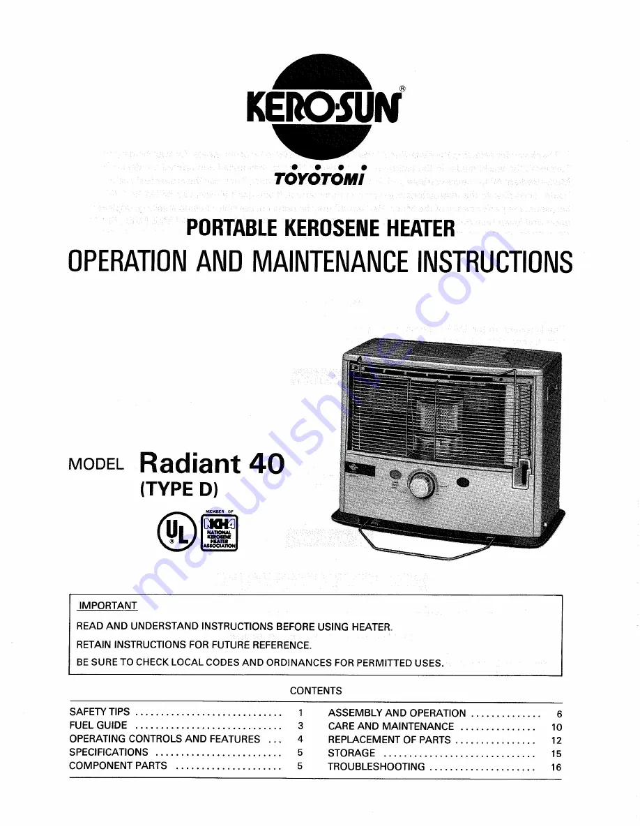 Toyotomi Radiant 40 Type A User Manual Download Page 1