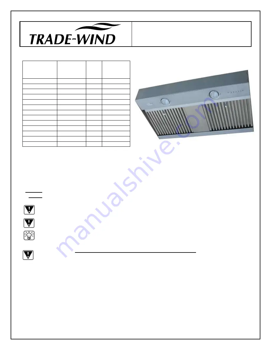 Trade-wind VSL430 BF Installation Instructions & Use & Care Manual Download Page 1