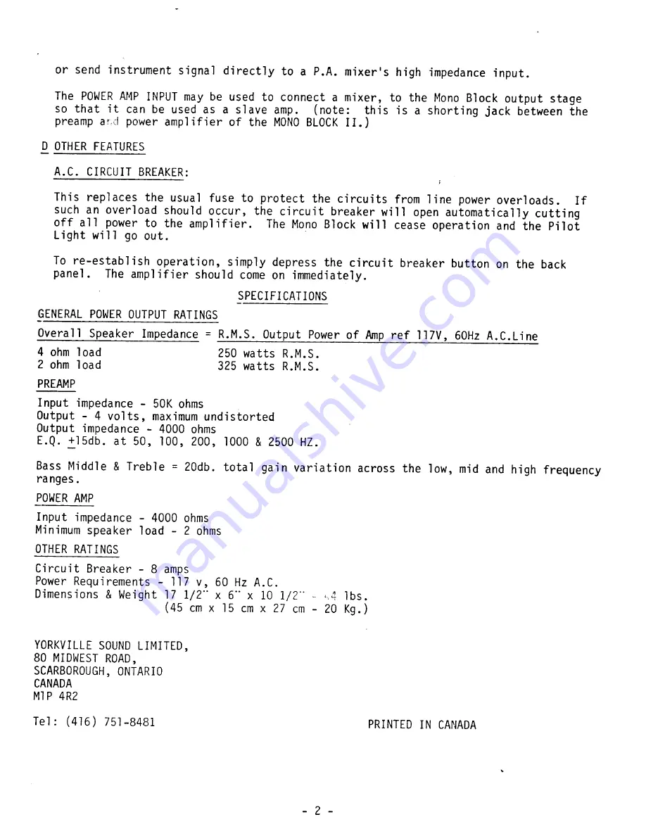 Traynor Mono Block II Instruction Manual Download Page 4