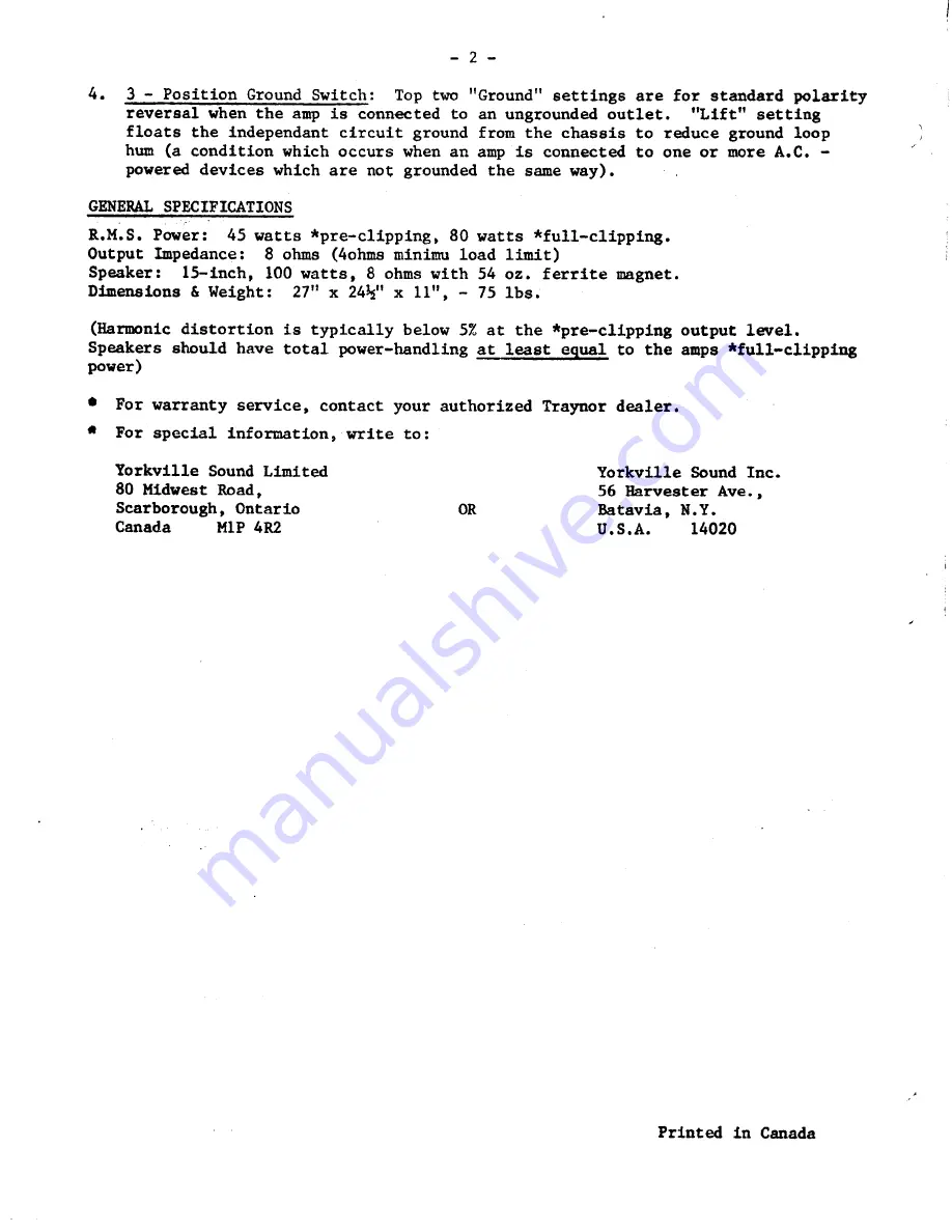 Traynor YBA-4 Operating Instructions Download Page 3