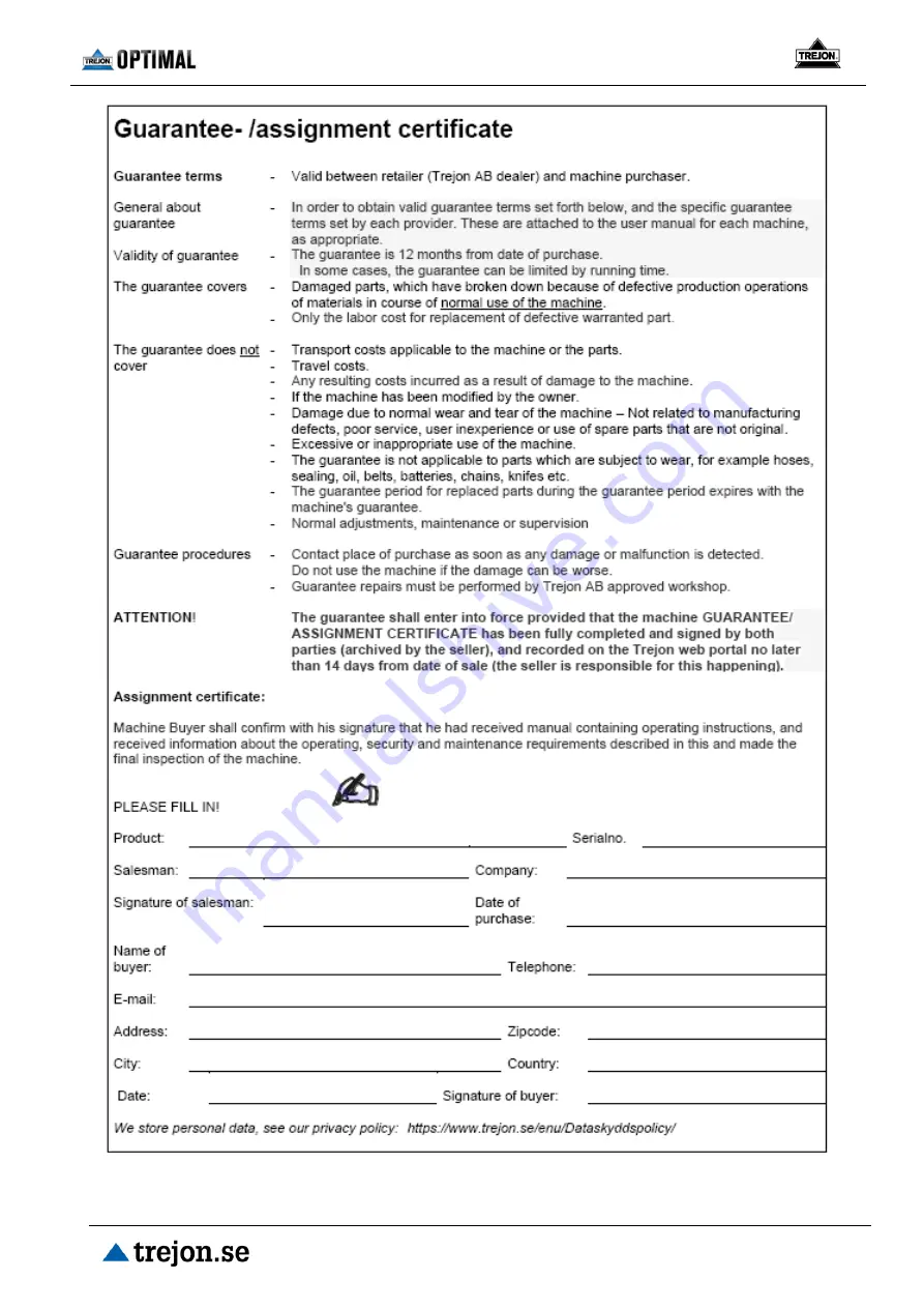 Trejon OPTIMAL UPX Series Instruction Manual And Maintenance Directions Download Page 41