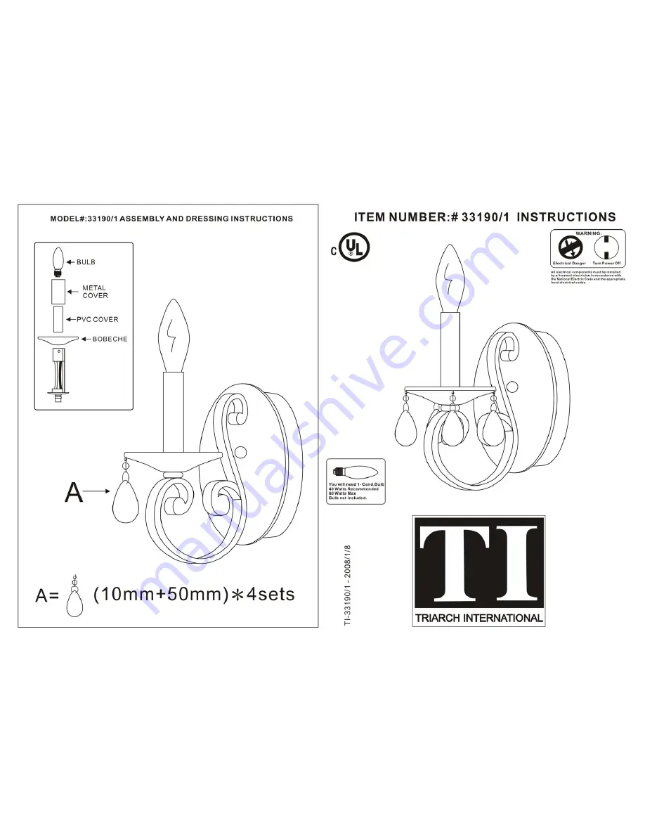 Triarch Indoor Lighting 33190/1 Скачать руководство пользователя страница 1