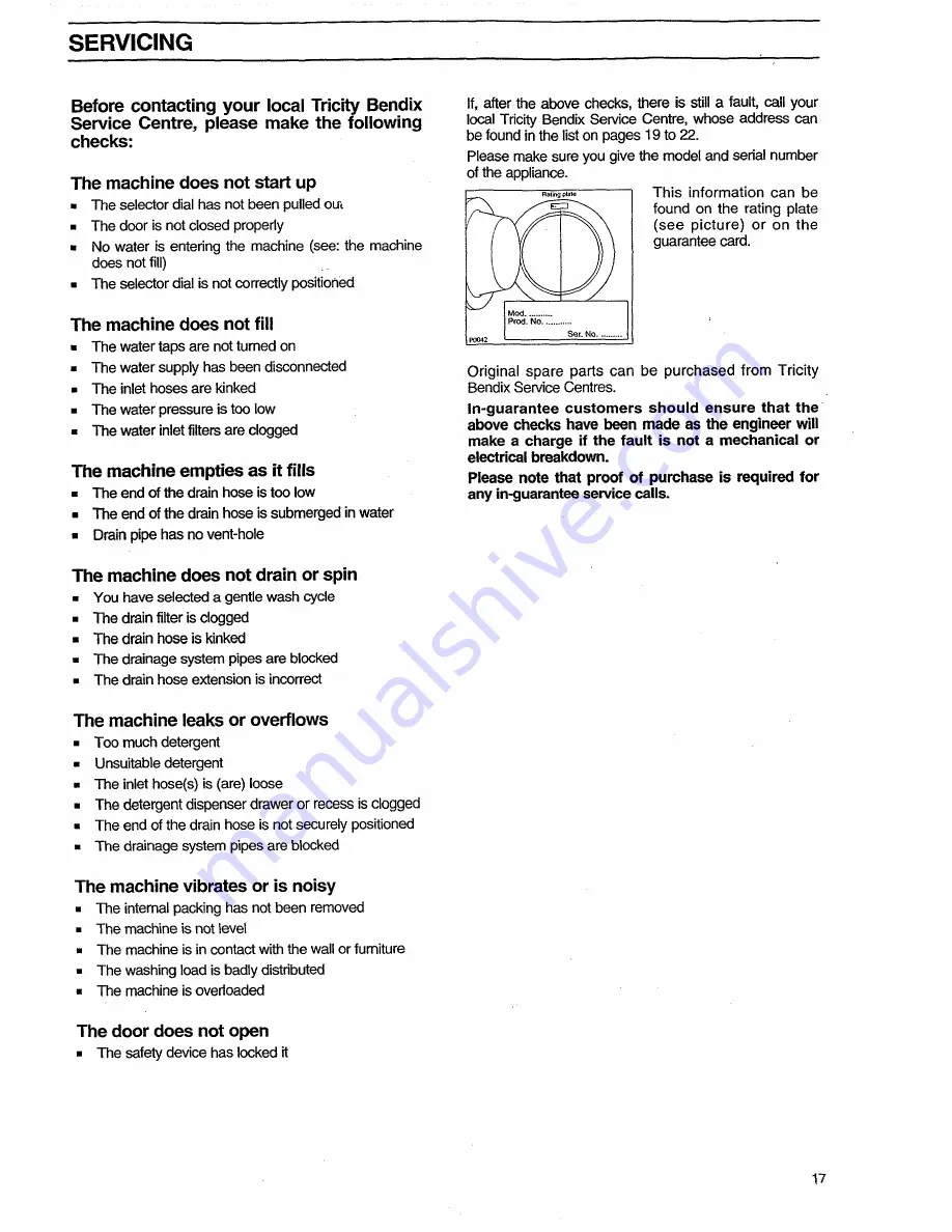 Tricity Bendix AW 405 Operating And Installation Instructions Download Page 17