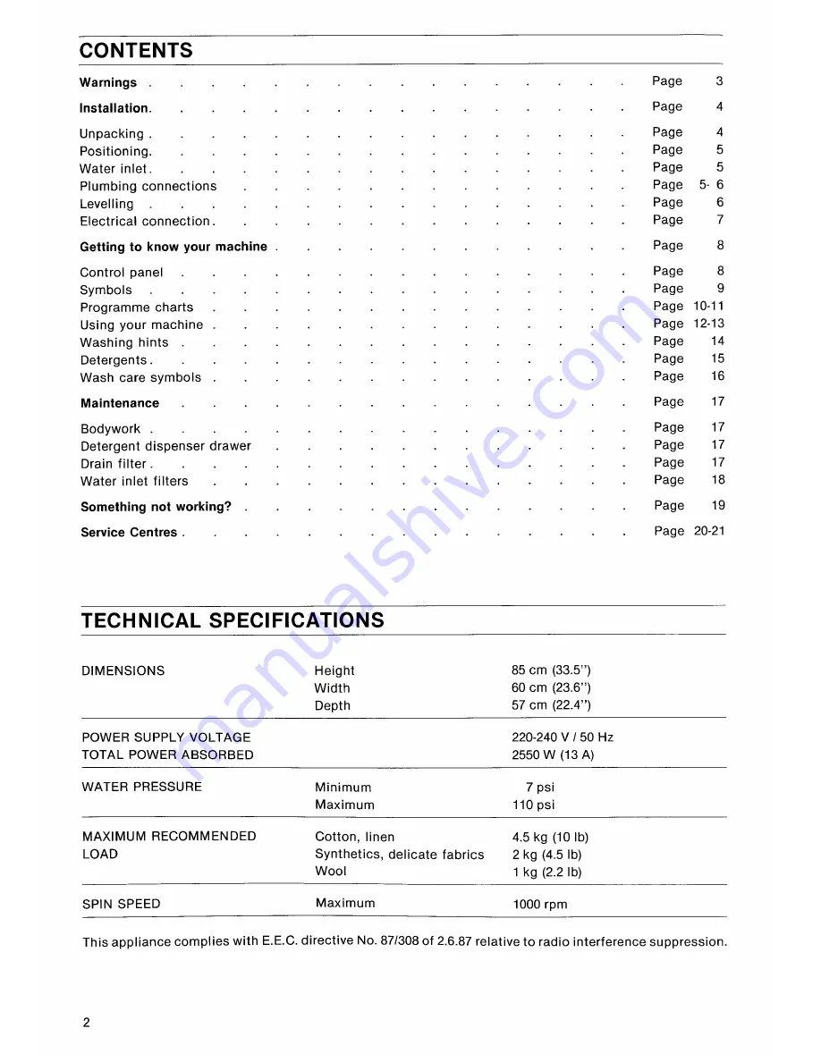 Tricity Bendix AW 460 Operating And Installation Instructions Download Page 2