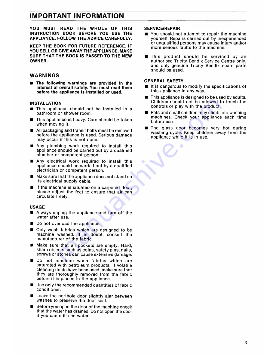 Tricity Bendix AW450 Operating And Installation Instructions Download Page 3