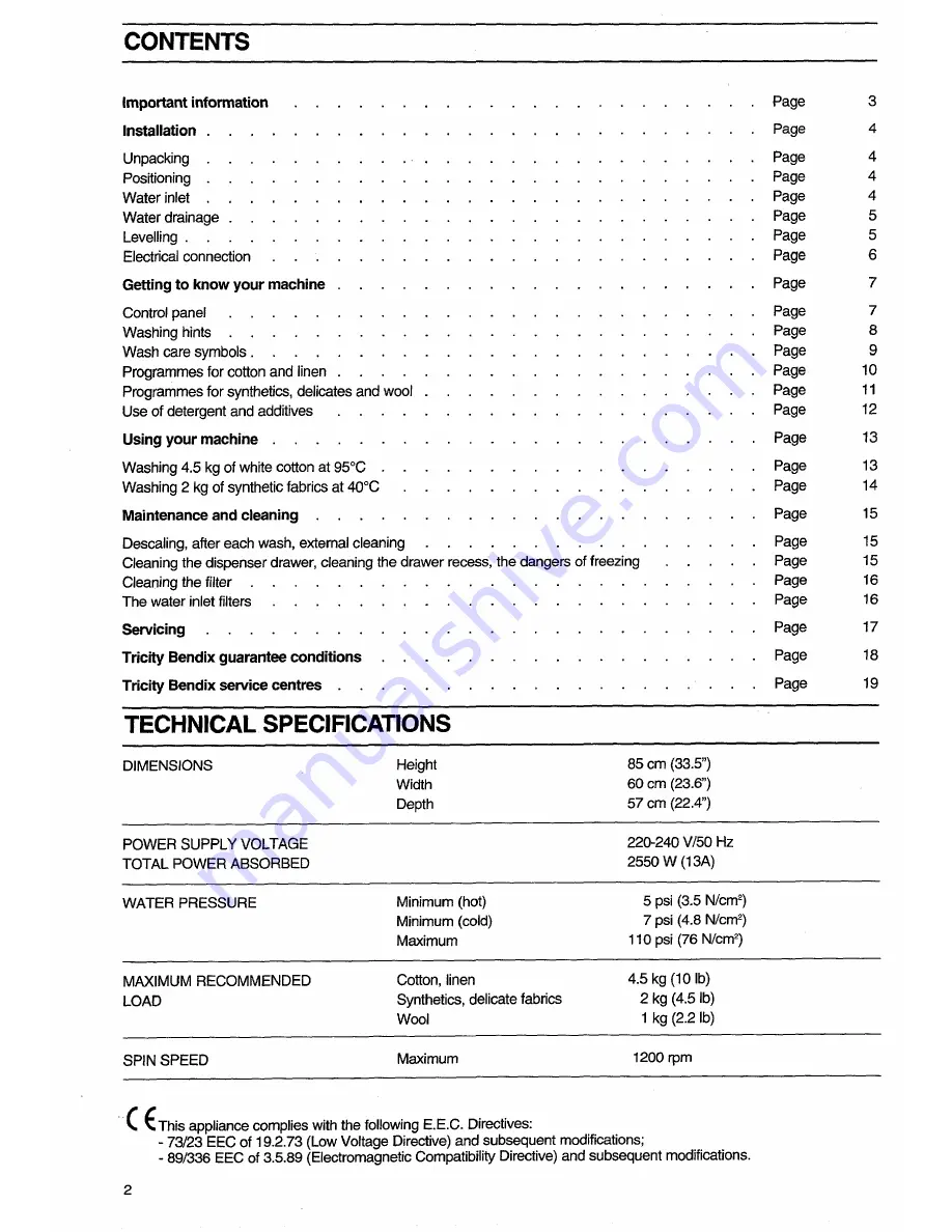 Tricity Bendix AW660 Operating And Installation Instructions Download Page 2